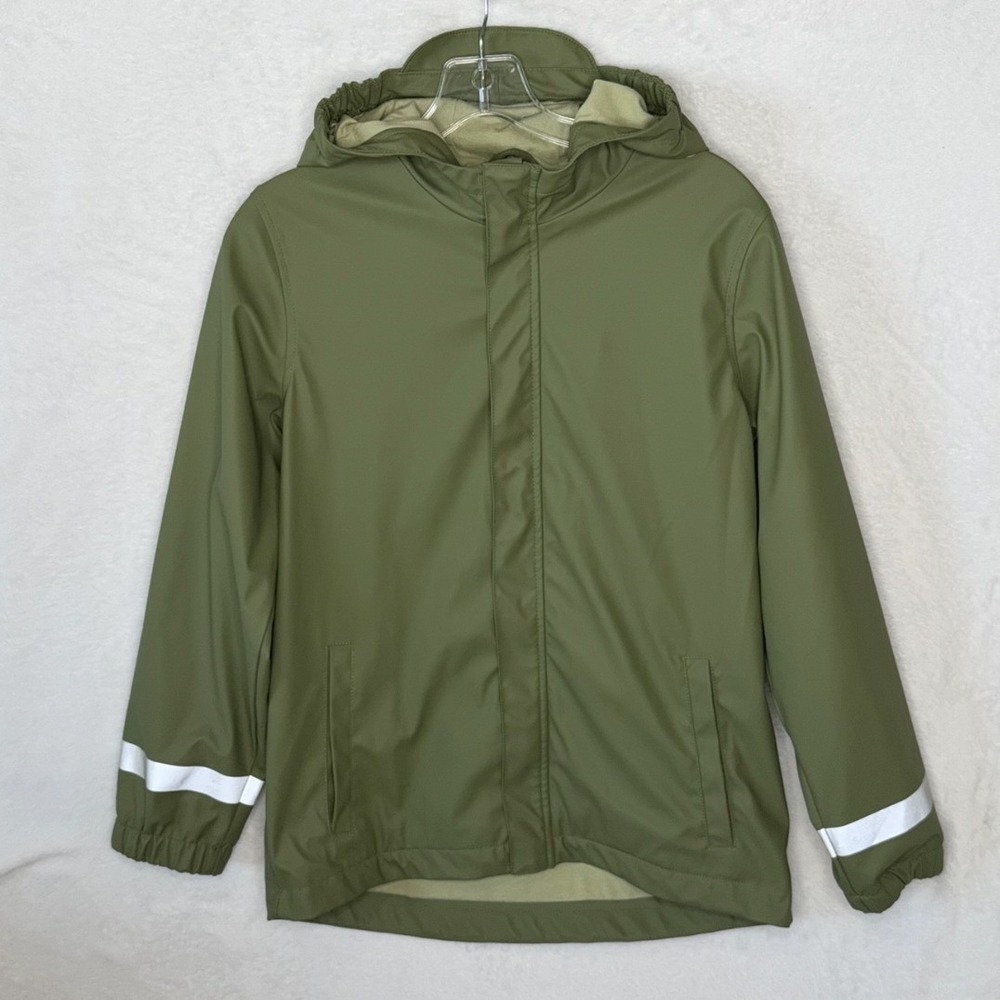 Cat & Jack Kids XL 14 Olive Green Hooded Rain Jacket Reflective Safety Coat